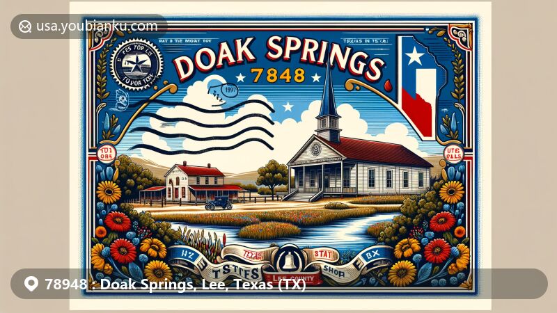 Modern illustration of Doak Springs, Lee County, Texas, featuring vintage postcard design with Texas state flag colors and Lee County outline, showcasing Doak Springs School, Morning Star Baptist Church, and postal elements with ZIP code 78948.