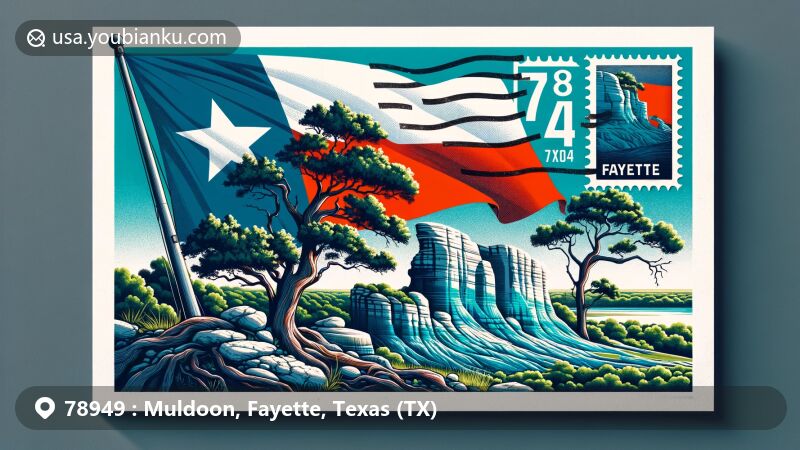 Modern illustration of Muldoon, Fayette, Texas, portraying distinctive elements including postoak trees and Muldoon Blue Sandstone, with a fictional stamp featuring Muldoon's landmarks and a postmark with ZIP code 78949.