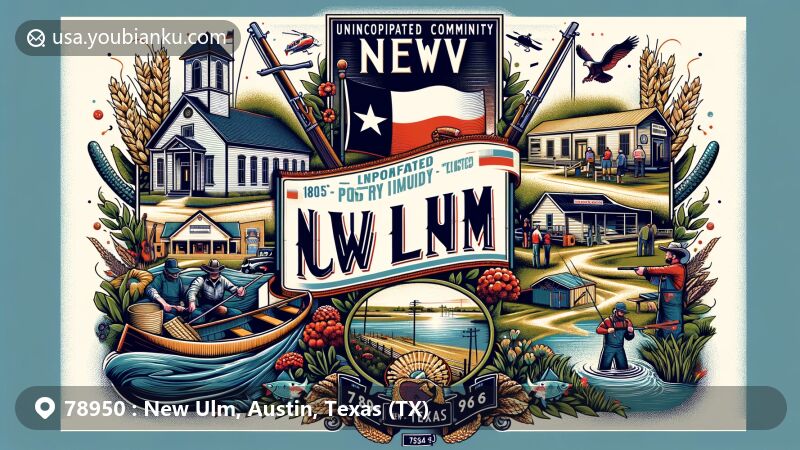 Modern illustration of New Ulm, Texas, featuring rural charm, German heritage, and postal elements like the post office with ZIP code 78950. The artwork highlights the town's history, community feel, German-style architecture, and MKT Railroad.