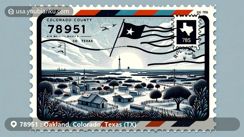 Modern illustration of Oakland, Colorado County, Texas, showcasing postal theme with ZIP code 78951, featuring Texas state flag, Colorado County outline silhouette, postage stamp, postmark, and rural Texas landscape with Navidad River.