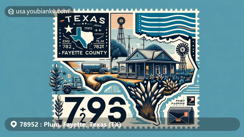 Modern illustration of Plum, Fayette County, Texas, showcasing postal theme with ZIP code 78952, featuring prairies, postoak trees, and Texas outline.