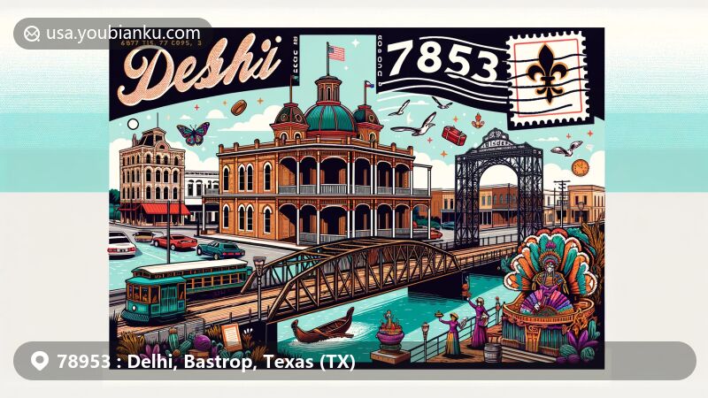 Modern illustration of Delhi area in Bastrop County, Texas, showcasing 1889 Bastrop Opera House, Cajun culture, Old Bastrop County Jail, Nelson Burch Building, and Old Iron Bridge turned pedestrian path.