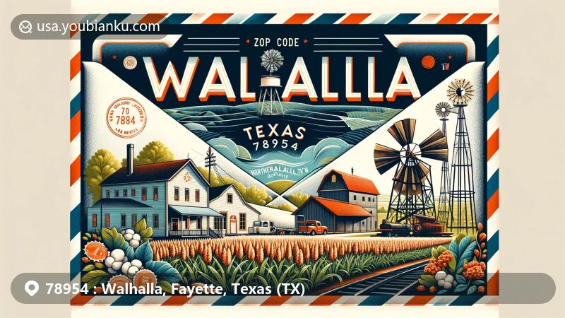 Modern illustration of Walhalla, Fayette County, Texas, featuring creative postal theme with opened air mail envelope showing scenic view, rich German heritage, and agricultural roots.