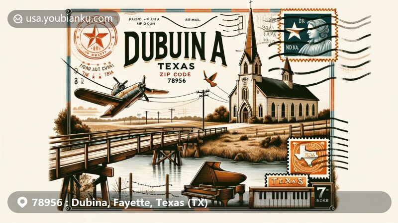 Modern illustration of Dubina, Texas, showcasing St. Cyril and Methodius Catholic Church and Piano Bridge, reflecting Czech heritage and Fayette County's rural charm.