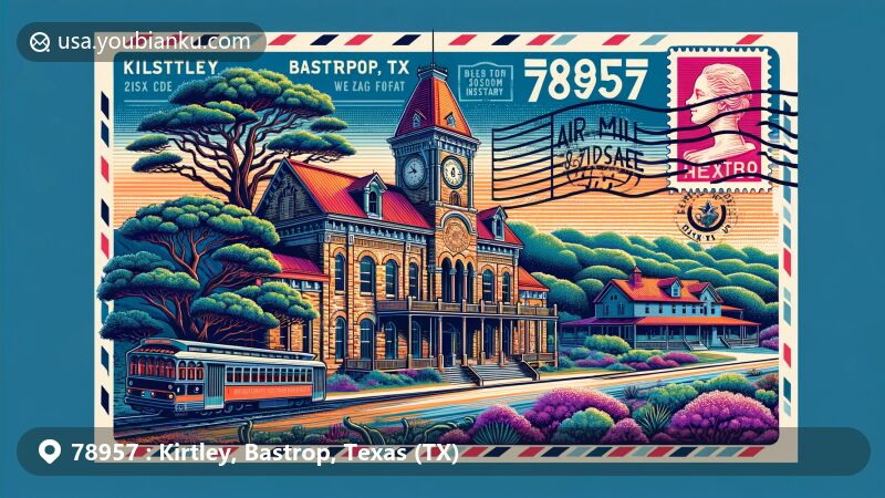 Modern illustration of Kirtley, Bastrop, Texas, representing ZIP code 78957, showcasing Bastrop County Courthouse, Bastrop Opera House, and Lost Pines forest from Bastrop State Park.