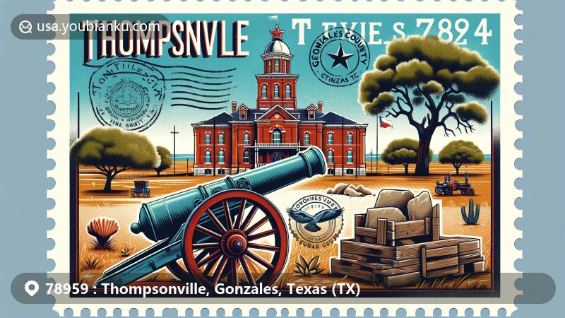 Modern illustration of Thompsonville, Gonzales County, Texas, featuring iconic 'Come and Take It' cannon symbolizing Battle of Gonzales, historic Gonzales County Courthouse, Texas landscape with oak trees, and postal theme with ZIP code 78959.