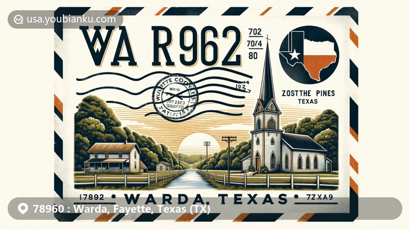Modern illustration of Warda, Fayette County, Texas, showcasing postal theme with ZIP code 78960, featuring the lush landscape of Lost Pines and historic Holy Cross Lutheran Church.