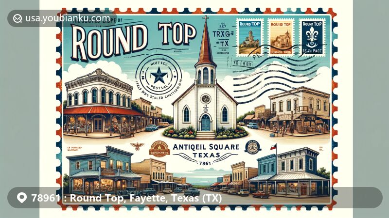 Modern illustration of Round Top, Texas, highlighting the world's smallest Catholic Church, Henkel Square with antique shops, Round Top Festival Institute, and postal elements like vintage postcard border, local landmark stamps, and 'Round Top, TX 78961' postmark.