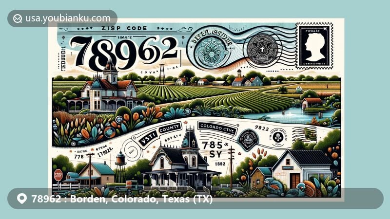 Modern illustration of Borden, Colorado County, Texas, showcasing postal theme with ZIP code 78962, featuring Victorian-style homes, lush green fields, and the Colorado River.