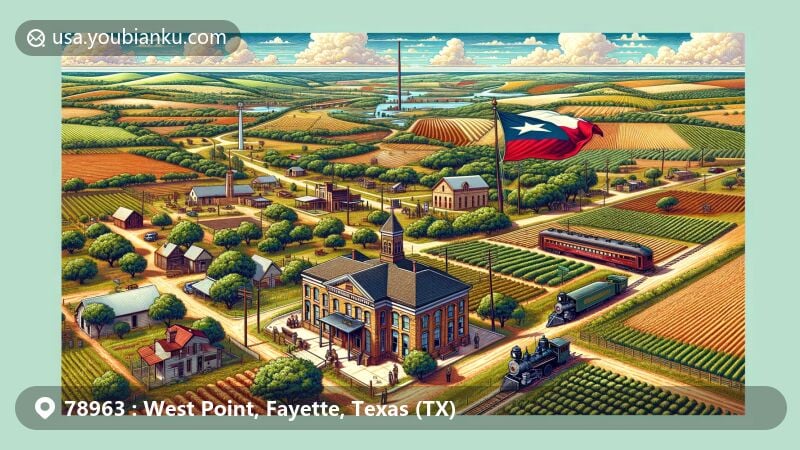 Modern illustration of West Point, Fayette, Texas, featuring agricultural landscape with rich loam soils and local history symbols, including vintage trains and old post office.