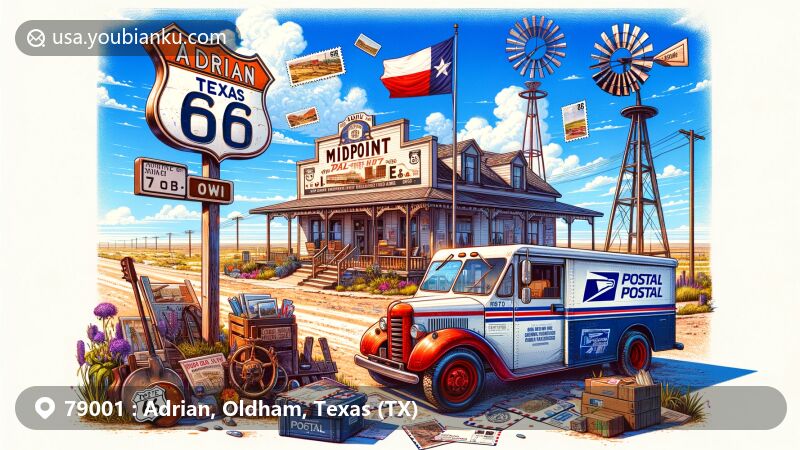 Modern illustration of Adrian, Texas, portraying iconic Route 66 midway point with postal elements, featuring Midpoint Café, vintage postal truck with '79001' ZIP code and Texas flag, air mail envelope revealing a postcard, antique farm tools, 'Adrian, Texas' text.