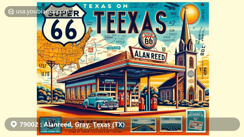 Modern illustration of Super 66 Restored Service Station in Alanreed, Texas, showcasing postal theme with ZIP code 79002, featuring Route 66 history and iconic landmarks like the oldest church on Texas Route 66.