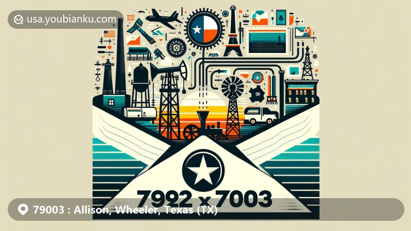 Modern illustration of Allison, Wheeler County, Texas, showcasing postal theme with ZIP code 79003, featuring Texas state flag, Panhandle and Santa Fe Railway motif, and symbols of natural gas and oil development.