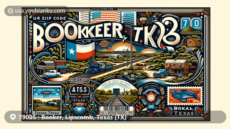 Modern depiction of a postcard or air mail envelope representing ZIP code 79005 for Booker, Texas, featuring a postage stamp with the Texas state flag and a Booker, Texas postmark.