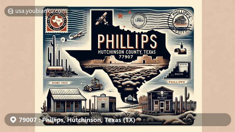 Modern illustration of Phillips, Hutchinson County, Texas, showcasing postal theme with ZIP code 79007, featuring Texas state silhouette, Hutchinson County outline, Adobe Walls, Antelope Creek Ruins and vintage postal elements.