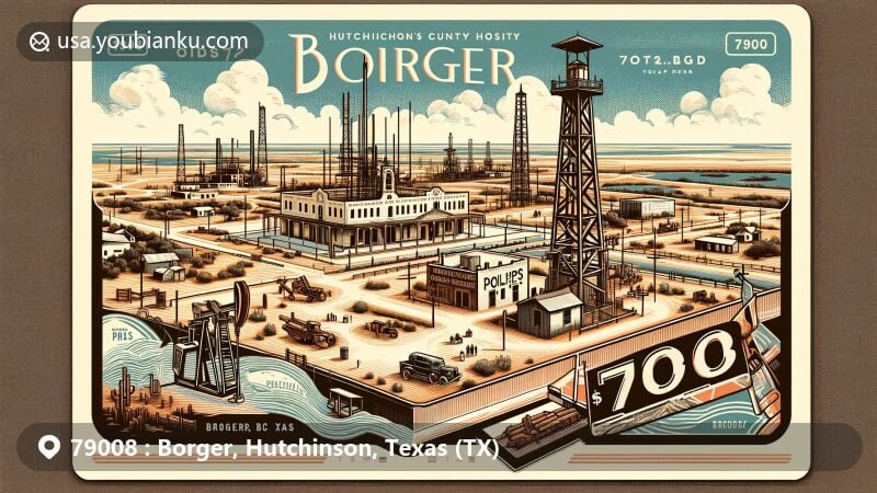 Modern illustration of Borger, Texas, showcasing postal theme with ZIP code 79008, featuring Adobe Walls, Phillips Ghost Town, and the Hutchinson County Historical Museum.
