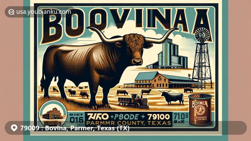 Modern illustration of Bovina, Parmer County, Texas, capturing its history as a cattle shipping point with a vintage postcard theme, featuring cattle, a grain elevator, and the longhorn bull statue.