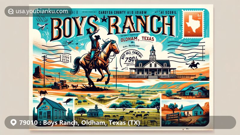 Modern illustration of Boys Ranch, Oldham County, Texas, featuring iconic landmarks like Cal Farley’s Boys Ranch, the Old Tascosa Courthouse, and Boot Hill Cemetery, with a postcard design highlighting the wild west history of the area and postal elements.