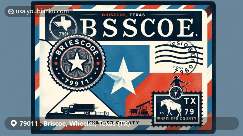 Vintage-style airmail envelope illustration for Briscoe, Wheeler County, Texas, featuring Texas state flag, cowboy silhouette, and postmark with ZIP code 79011, blending iconic Texan elements like longhorns and oil derricks.