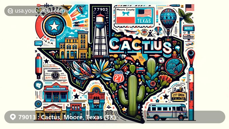 Modern illustration of Cactus, Texas, capturing ZIP code 79013 and showcasing local landmarks like the Cactus water tower and elements representing the city's diversity. Includes postal themes with vintage air mail envelope, stamps, and postmark.