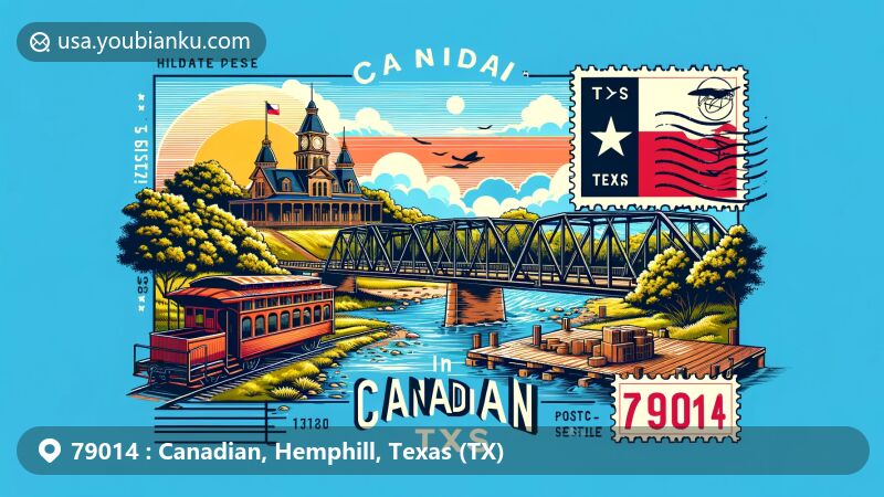 Modern illustration of Canadian, Texas, depicting Canadian River Wagon Bridge and The Citadelle Mansion, with vintage postcard design and Texas state flag, featuring ZIP code 79014.