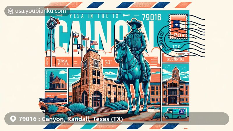 Modern illustration of Canyon, Texas, showcasing postal theme with ZIP code 79016, featuring Tex Randall statue, Panhandle-Plains Historical Museum, and Randall County Courthouse.