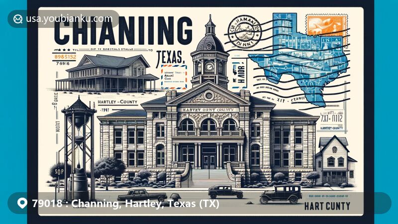 Modern illustration of Channing, Texas, showcasing Beaux Arts architectural style of Hartley County Courthouse and XIT Ranch House, symbols of local heritage, with airmail-style postcard design featuring postal elements and ZIP Code 79018.