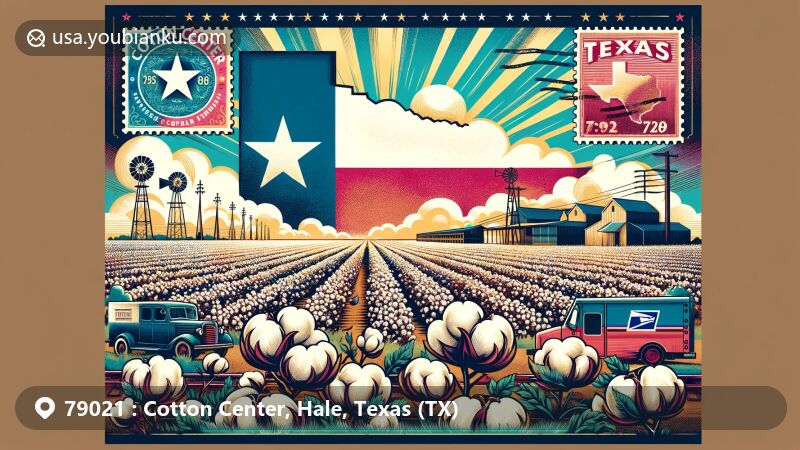 Modern illustration of Cotton Center, Hale County, Texas, showcasing agricultural and postal themes with iconic elements like cotton fields, Texas flag, vintage postal stamp with ZIP code 79021, and symbols of postal service.
