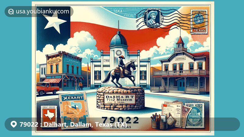 Modern illustration of Dalhart, Texas, ZIP code 79022, highlighting XIT Museum and Empty Saddle Monument, with vintage postcard layout and Texas-themed stamp.