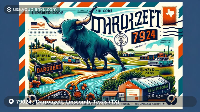 Modern illustration of Darrouzett, Lipscomb County, Texas, portraying semi-arid climate with Plummer Creek and Kiowa Creek near Darrouzett Golf Course, emblem of Darrouzett High School Longhorns, and postal theme showcasing ZIP Code 79024.