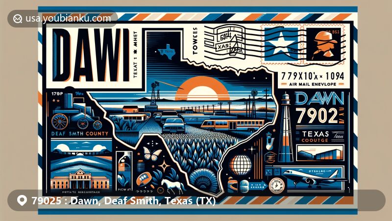 Modern illustration of Dawn, Texas, in Deaf Smith County, featuring postal theme with ZIP code 79025, incorporating state of Texas outline, Deaf Smith County silhouette, landmarks, and postal elements like stamps and postmark.