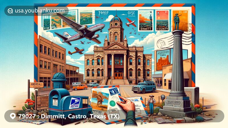 Modern illustration of Dimmitt, Texas, featuring regional and postal theme with ZIP code 79027, showcasing XIT Museum, Art Deco courthouse, and Ozark Trail obelisk.