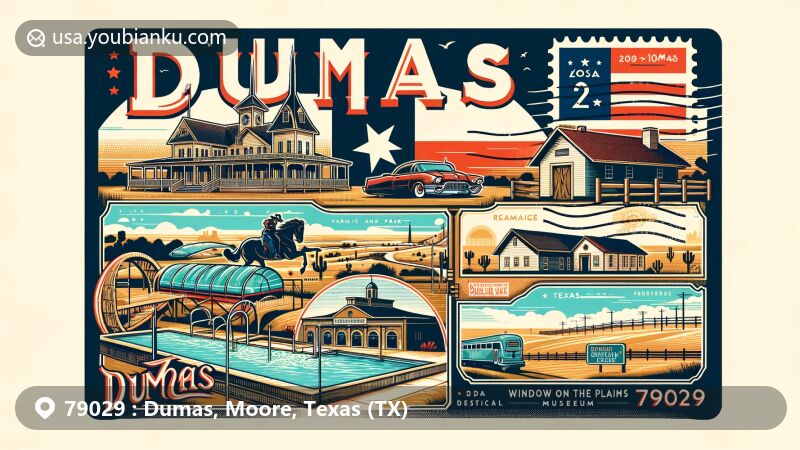 Modern illustration of Dumas, Texas, with ZIP code 79029, featuring Cadillac Ranch, Dumas Aquatic Park, and Window on the Plains Museum.