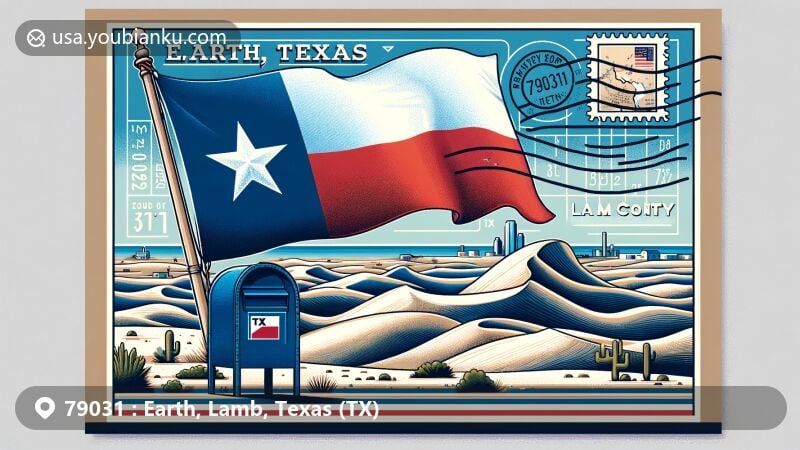 Modern illustration of Earth, Lamb County, Texas, capturing the essence of regional and postal themes with the Texas state flag, Lamb County map outline, and sand dunes, featuring a classic American mailbox, postmark, and ZIP code '79031'.