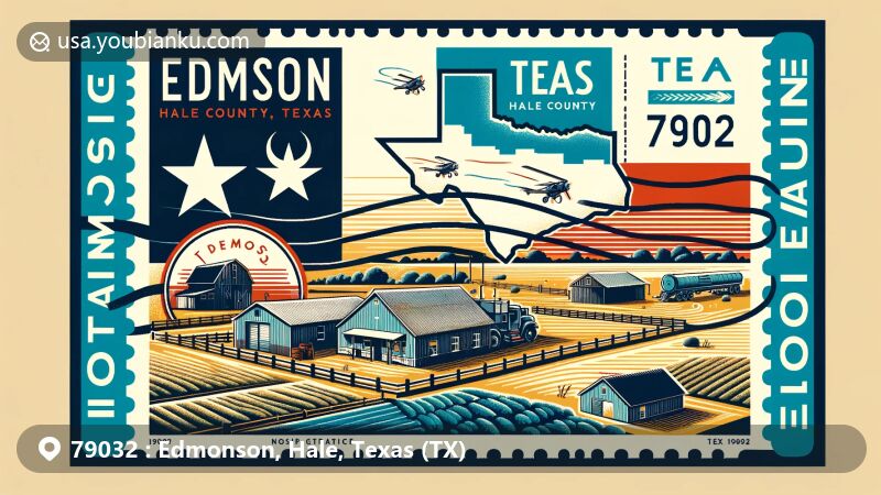 Modern illustration of Edmonson, ZIP code 79032, Hale County, Texas, showcasing Texas state flag, Hale County outline, and rural landscape, creatively presented in vintage postcard style.