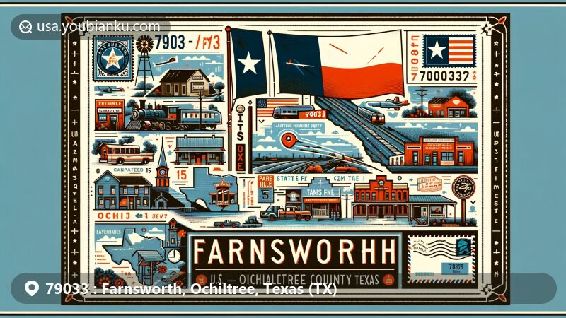 Modern illustration of Farnsworth, Ochiltree County, Texas, showcasing regional characteristics with Texas state flag, Ochiltree County outline, and landmarks like the intersection of State Highway 15 with FM376. Includes postal elements like vintage postcard design with stamp, postmark, and ZIP Code 79033.