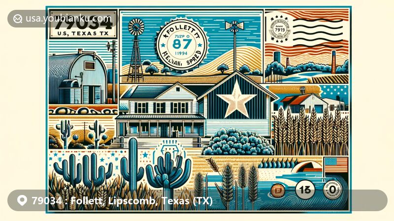 Modern illustration of Follett, Texas, emphasizing postal theme with ZIP code 79034, symbolizing semi-arid climate and agricultural significance, featuring vintage postcard format and elements representing town's history and industry.