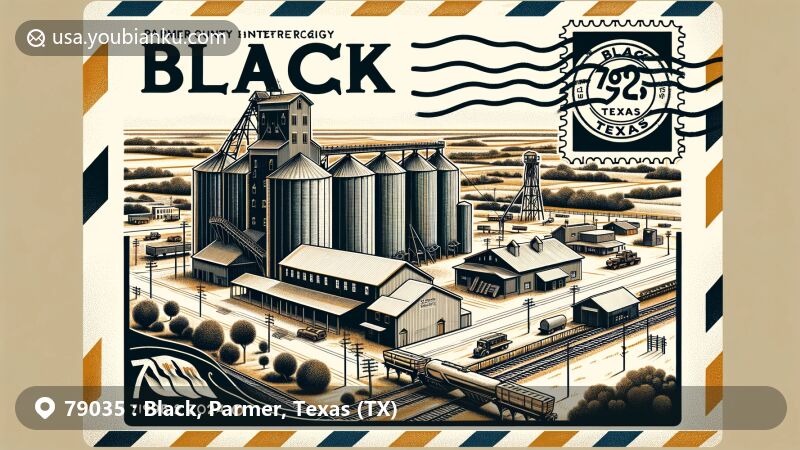 Modern illustration of Black, Parmer County, Texas, capturing the essence of ZIP Code 79035 with Parmer County Pioneer Heritage Museum, grain elevators, and local landscape in vintage postcard style.