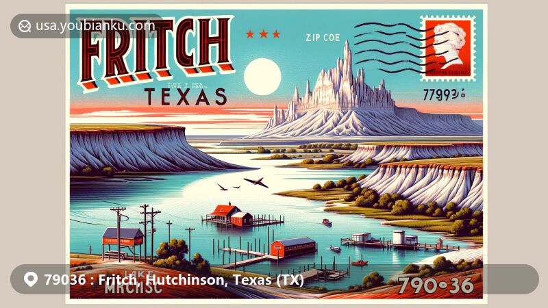 Modern illustration of Fritch, Texas, showcasing postal theme with ZIP code 79036, featuring Lake Meredith, Alibates Flint Quarries National Monument, and Texas high plains terrain.