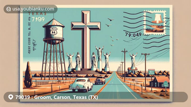 Modern illustration of Groom, Texas, featuring the iconic Groom Cross and Leaning Water Tower, with American postal elements and regional symbolism.
