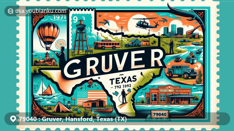 Modern illustration of Gruver, Hansford County, Texas, portraying outdoor activities, historical sites, and postal theme with ZIP code 79040, including the marker of geographical location, scenes of fishing and camping, outlines of city landscapes, and stylized 1971 tornado patterns.