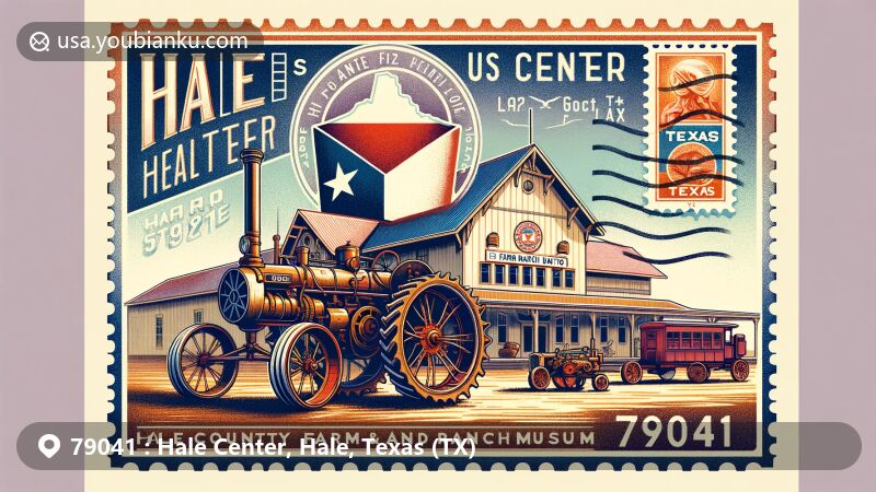 Modern illustration of Hale Center, Hale County, Texas, showcasing vintage farm equipment and antique tractors from Hale County Farm and Ranch Museum, with historic 1911 Santa Fe Depot postage stamp. Envelope features Hale Center postmark with ZIP code 79041 and Texas state flag in the background.