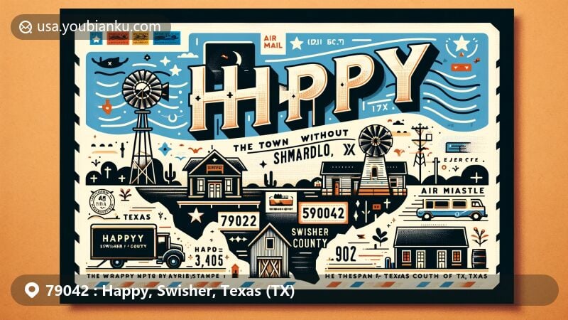 Modern illustration of Happy, Swisher County, Texas, resembling a postcard or air mail envelope, capturing the essence of 'The Town Without a Frown', located in the Texas Panhandle, featuring semiarid climate, 3,616 feet elevation, and friendly small-town charm.