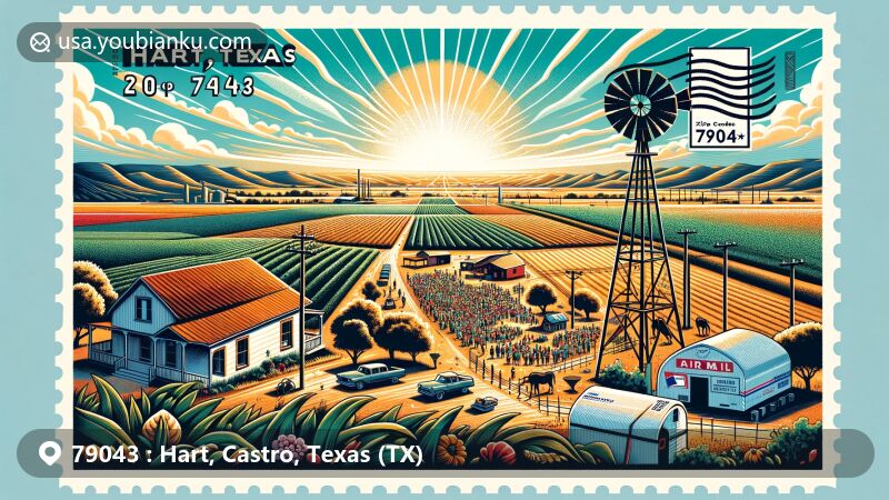 Modern illustration of Hart, Texas, highlighting ZIP code 79043, with a focus on semi-arid climate, Hispanic culture, and agricultural background, featuring farmlands, windmills, crops, and a vibrant community gathering.