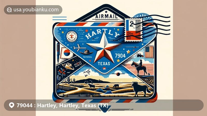 Modern illustration of Hartley, Texas, in an airmail envelope theme, featuring ranching culture and wide plains, incorporating the Texas flag and postal elements like stamp and postmark with ZIP code 79044.