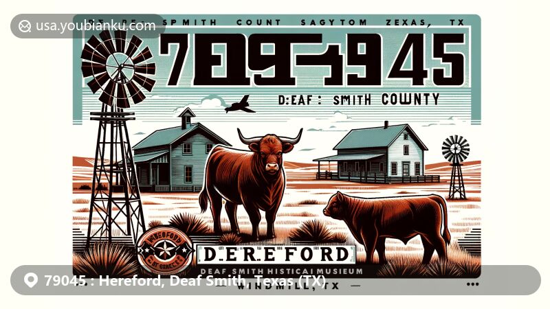 Creative postcard design for ZIP code 79045, Hereford, Deaf Smith County, Texas, emphasizing ranching heritage with Hereford cattle, windmills, and semi-arid landscape featuring the Ogallala Aquifer.
