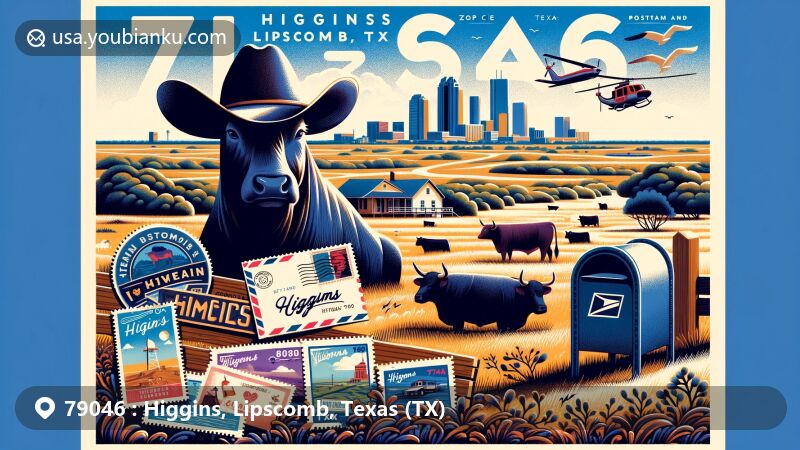 Modern illustration of Higgins, Lipscomb, Texas, presenting cowboy culture and postal elements, featuring wide-format design with cowboy hat, cattle, postcard, stamps, postmark, mailbox, and Texas Panhandle landscapes.