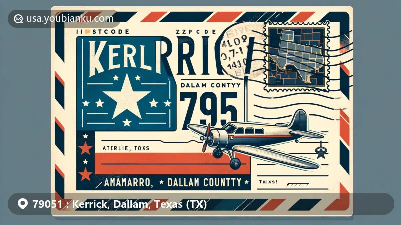 Modern illustration of Kerrick, Dallam County, Texas, showcasing vintage airmail theme with state flag and county map, featuring historic airplane from World War II era.