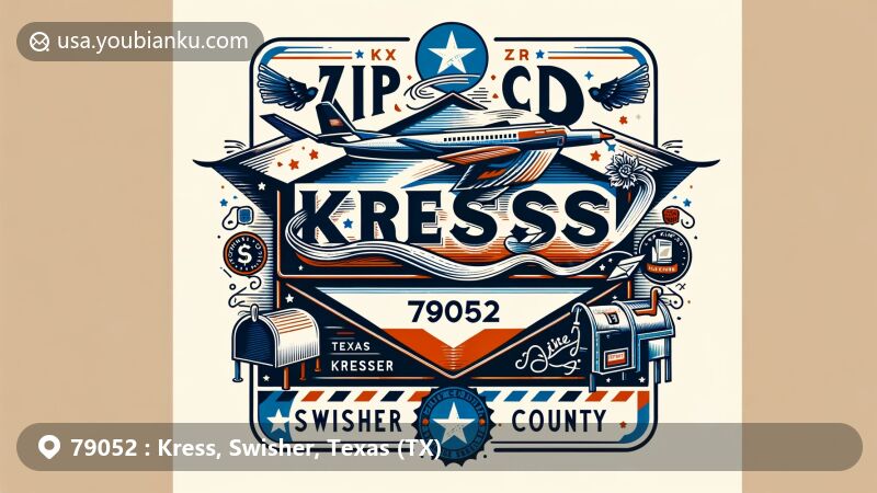 Modern illustration of Kress, Swisher County, Texas, featuring stylized airmail envelope with ZIP code 79052, Texas state flag, and local symbols, blending geographical landscapes with postal culture.