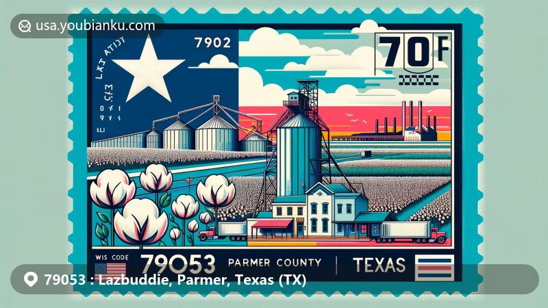 Modern illustration of Lazbuddie, Texas, ZIP code 79053, showcasing agricultural heritage with cotton fields, grain elevator, and Texas state flag, featuring Parmer County's location within the state.